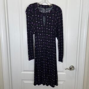 Anna Sui Slinky Dress Long Sleeves Black Purple Print Whimsygoth Keyhole Midi XS